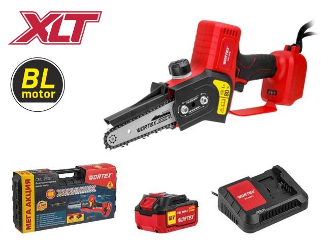 Аккум. мини-пила WORTEX CEC 2518 ALL1 XLT в чем. ALL1 XLT SET БЕСЩЕТ., 18 В, 10 см, 1х4 А*ч (шина 10 см (4"), 1/4", 3 мм)
