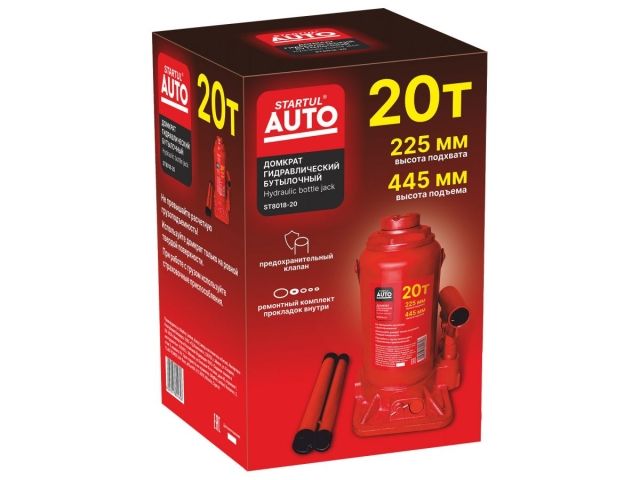 Домкрат гидравлический 20т бутылочный 225-445мм STARTUL AUTO (ST8018-20) (h min 225мм, h max 445мм)