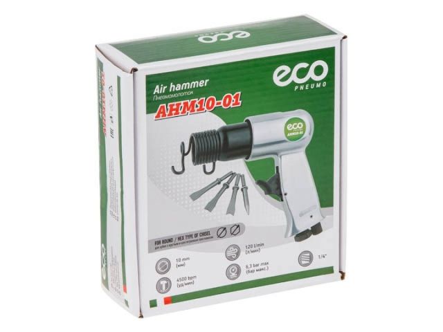 Пневмомолоток ECO AHM10-01 (4500 уд/мин; 1.12 Дж; 120л/мин; Хвостовик:10 мм; Долото - 4 шт.)