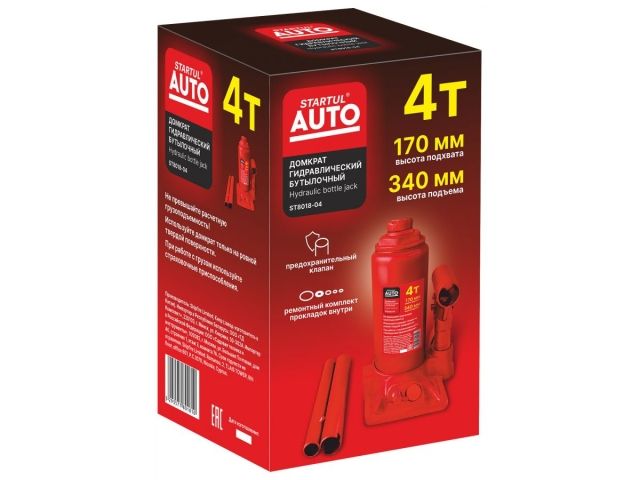 Домкрат гидравлический 4т бутылочный 170-340мм STARTUL AUTO (ST8018-04) (h min 170мм, h max 340мм)