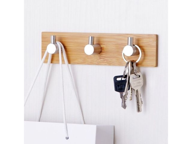 Планка самоклеящаяся 3 крючка PEGASUS, нержавеющая сталь/бамбук, блистер, PERFECTO LINEA