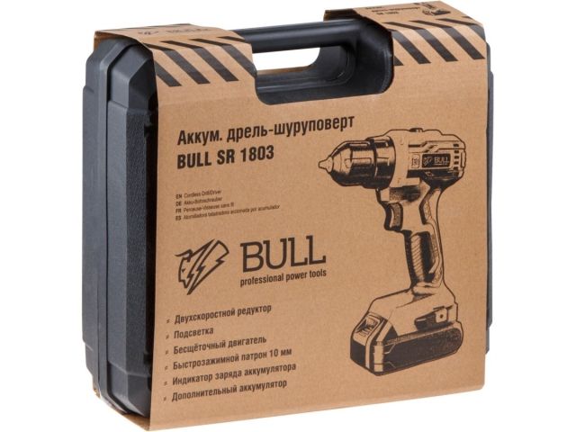 Аккум. дрель-шуруповерт BULL SR 1803 в чем. БЕСЩЕТ., 18 В, 50 Н*м, 2*2 А*ч акб, БЗП 10 мм (шурупы до 10 мм)