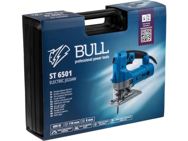 Лобзик электрический BULL ST 6501 в чем. 600 Вт, 500-3000 ход/мин, до 110 мм (Кабель 4 м, подсветка, литая алюминиевая платформа, быстрозажи