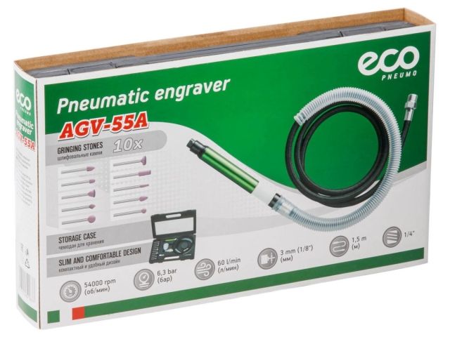 Гравер пневматический ECO AGV-55A (Цанговый патрон: 3 мм (1/8"); 54000 об/мин; 6,3 бар; 60 л/мин;)