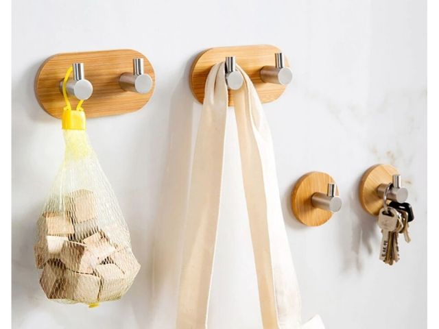 Планка самоклеящаяся 2 крючка VIRGO, нержавеющая сталь/бамбук, карт.уп., PERFECTO LINEA