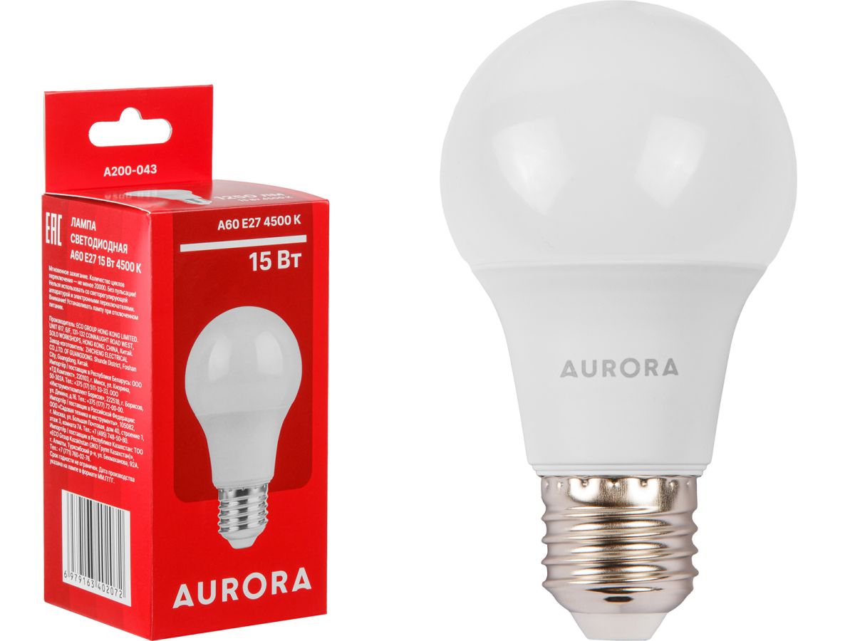 Лампа светодиодная A60 СТАНДАРТ 15Вт 230В E27 4500K AURORA