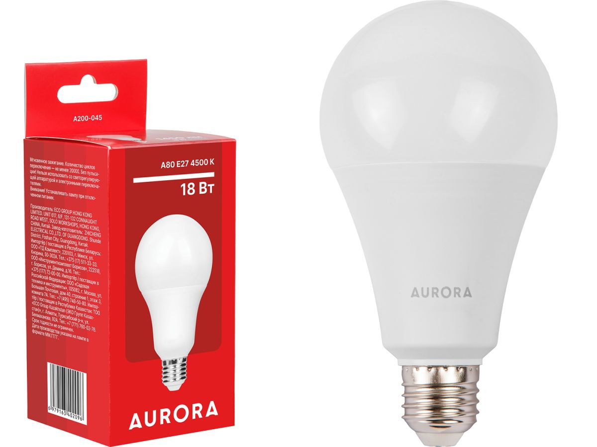 Лампа светодиодная A80 СТАНДАРТ 18Вт 230В E27 4500K AURORA