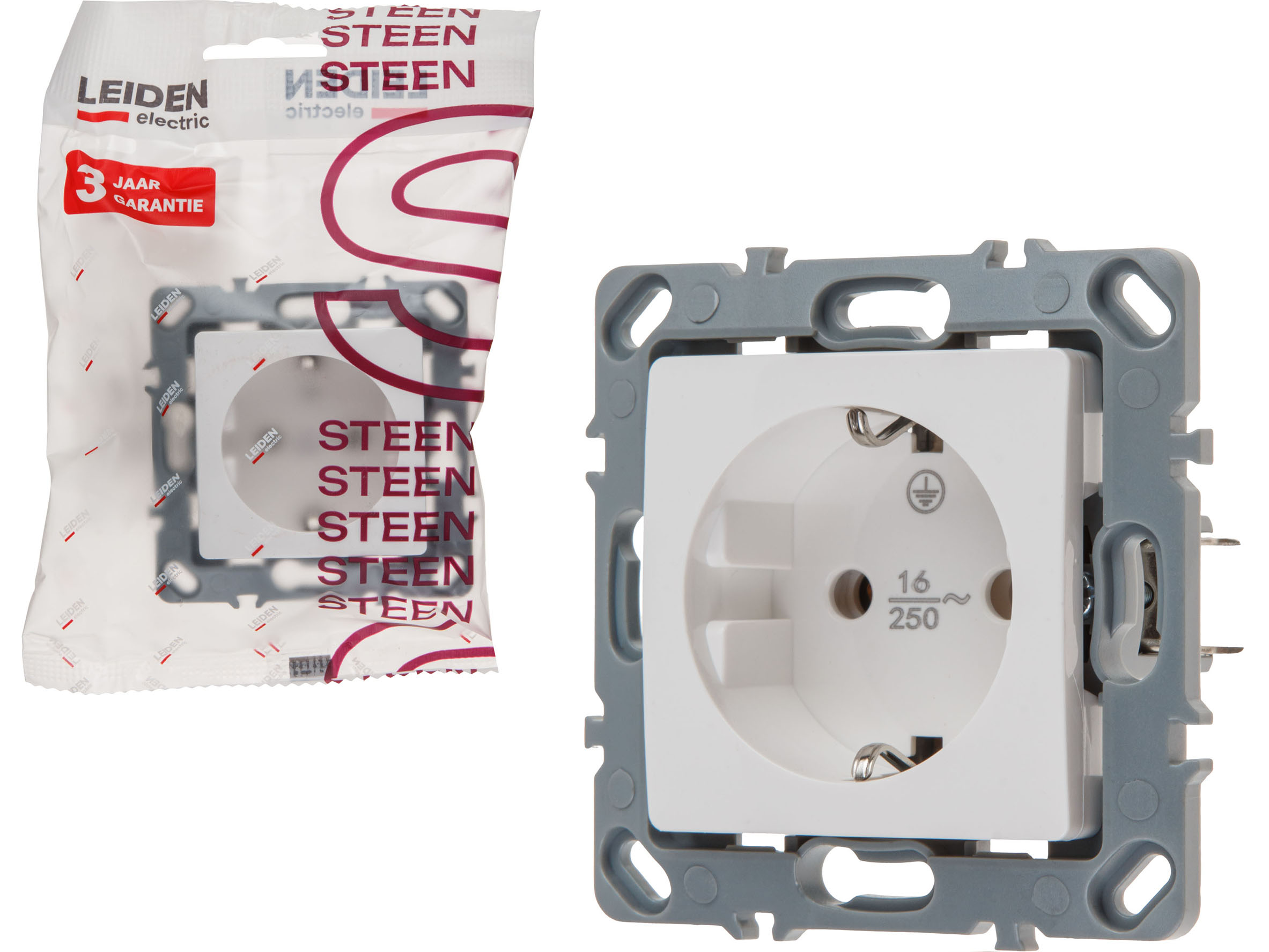 Розетка 1-ая (скрытая, механизм, шторки, с/з) белая, Steen, LEIDEN ELECTRIC