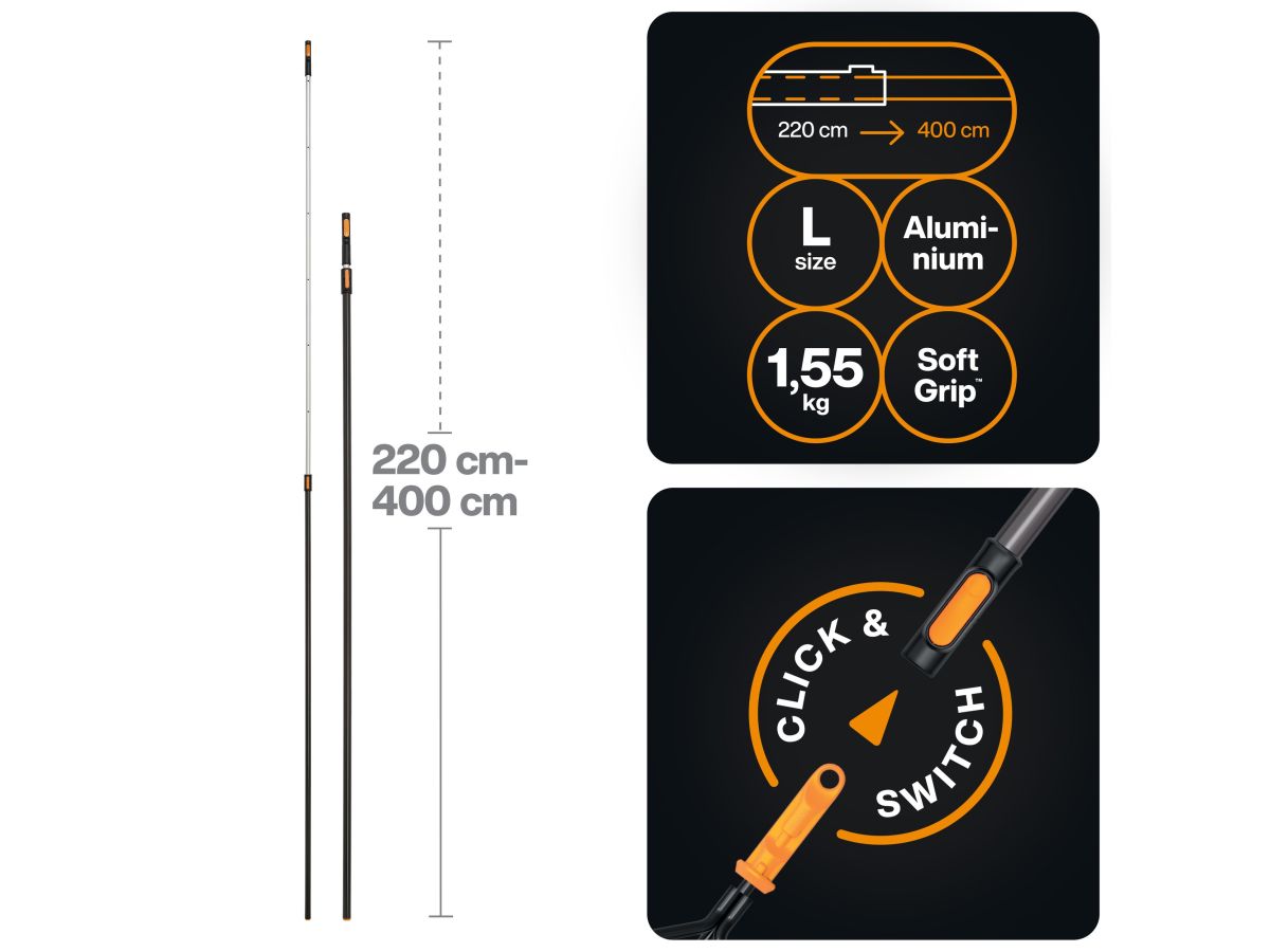 Черенок алюминиевый телескопический L 220-400см OneClick FISKARS