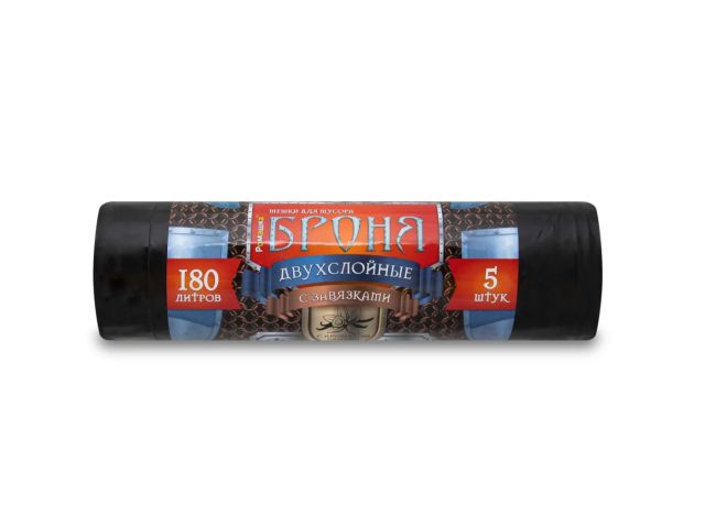 Мешки для мусора с завязками, 180 л, 5 шт, "БРОНЯ", черные, РОМАШКА (55 мкм, 90x110 см)