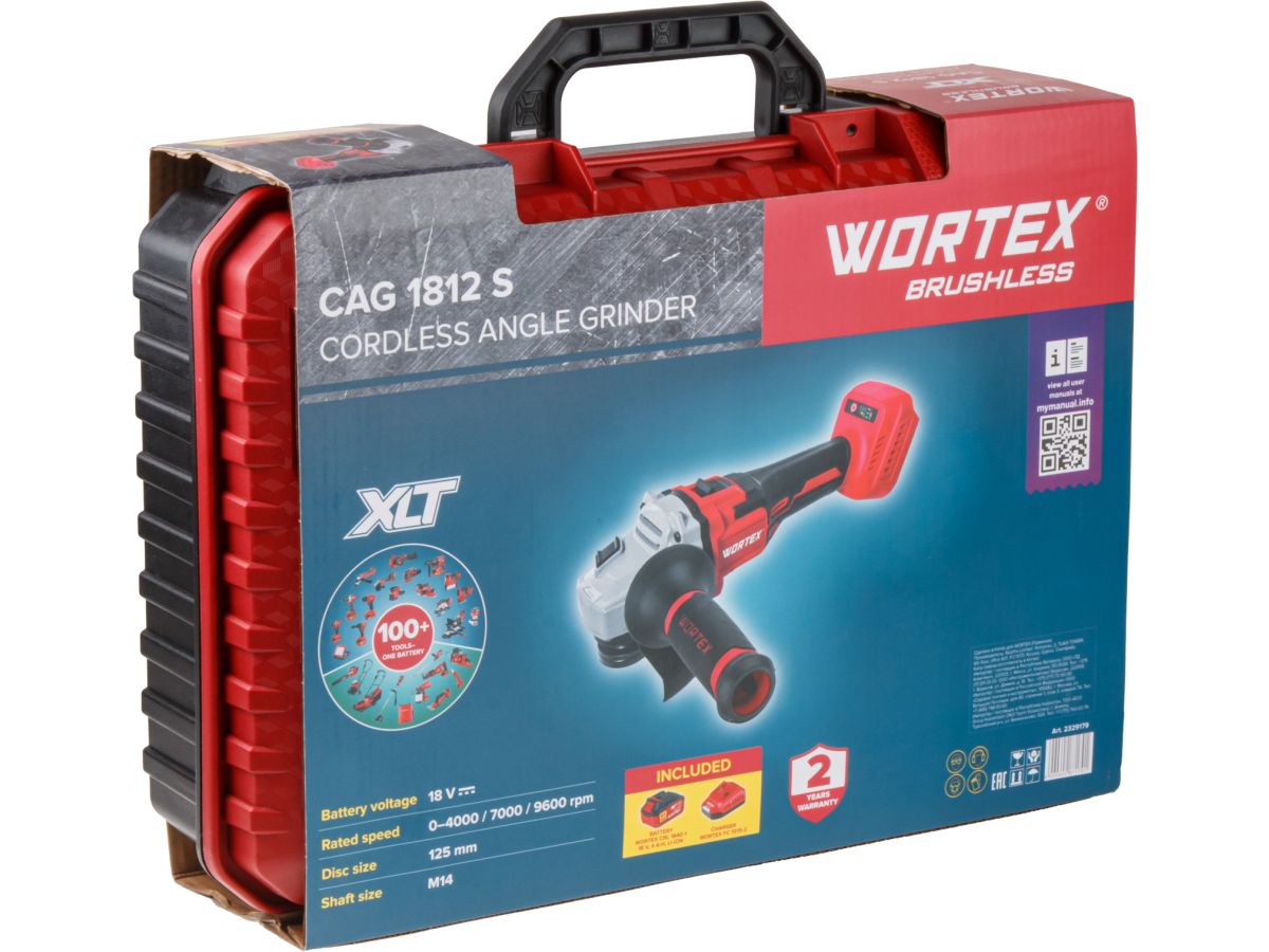 Аккум. углошлифмашина WORTEX CAG 1812 S в чем. ALL1 XLT SET БЕСЩЕТ., 18 В, 125 мм, 9600 об/мин