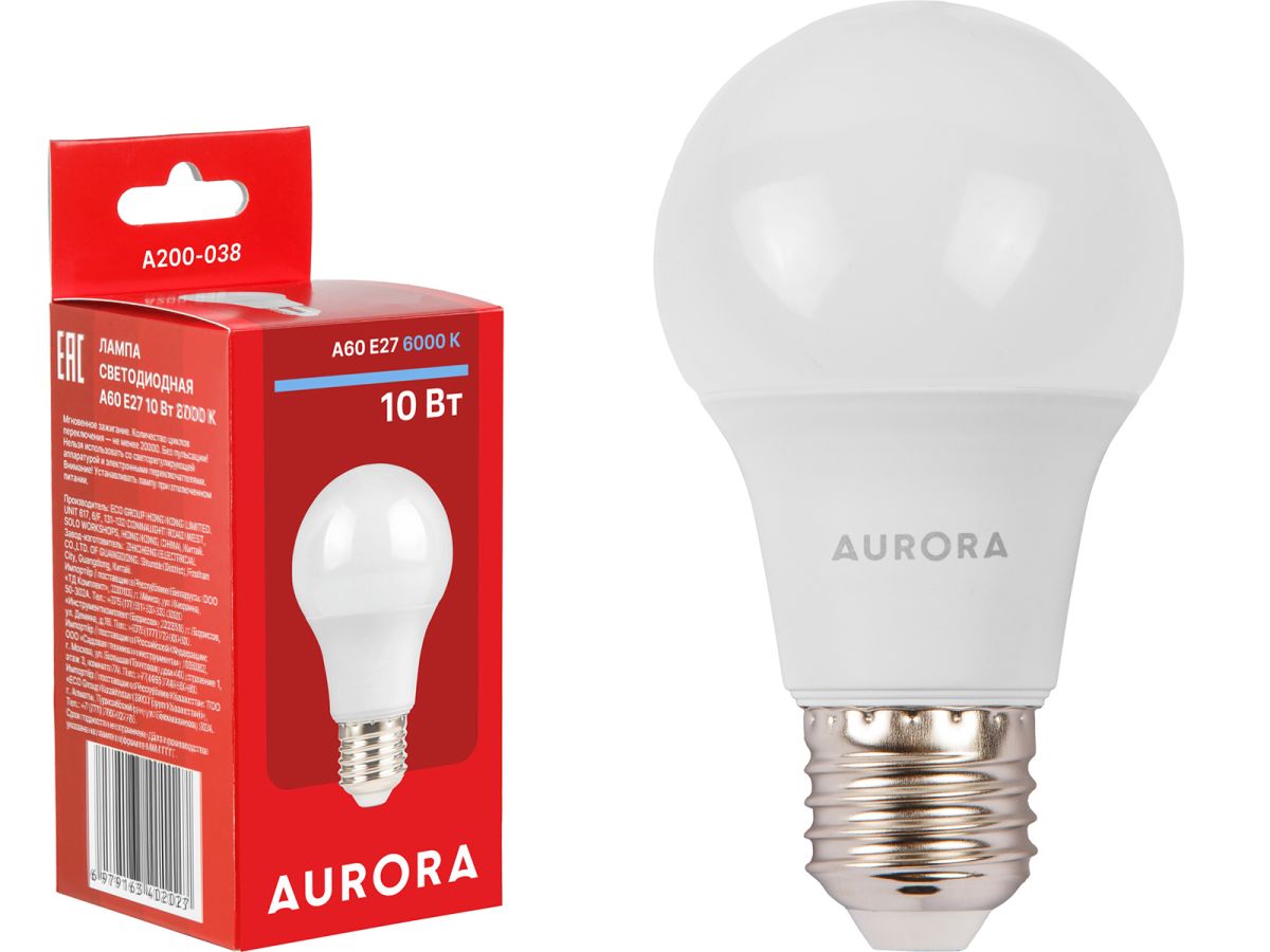 Лампа светодиодная A60 СТАНДАРТ 10Вт 230В E27 6000K AURORA