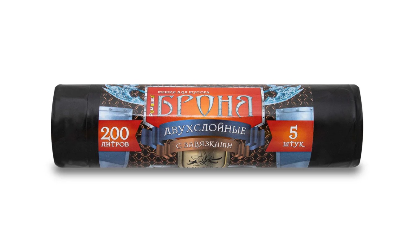 Мешки для мусора с завязками, 200 л, 5 шт, «БРОНЯ», черные, РОМАШКА