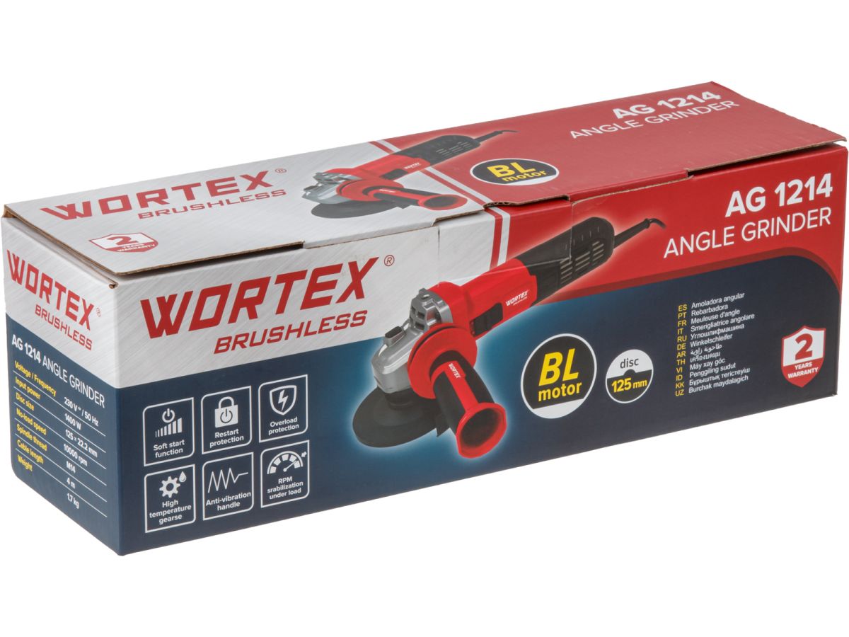 Одноручная углошлифмашина WORTEX AG 1214 в кор., БЕСЩЕТ., 1400 Вт, 125 мм, 10 000 об/мин