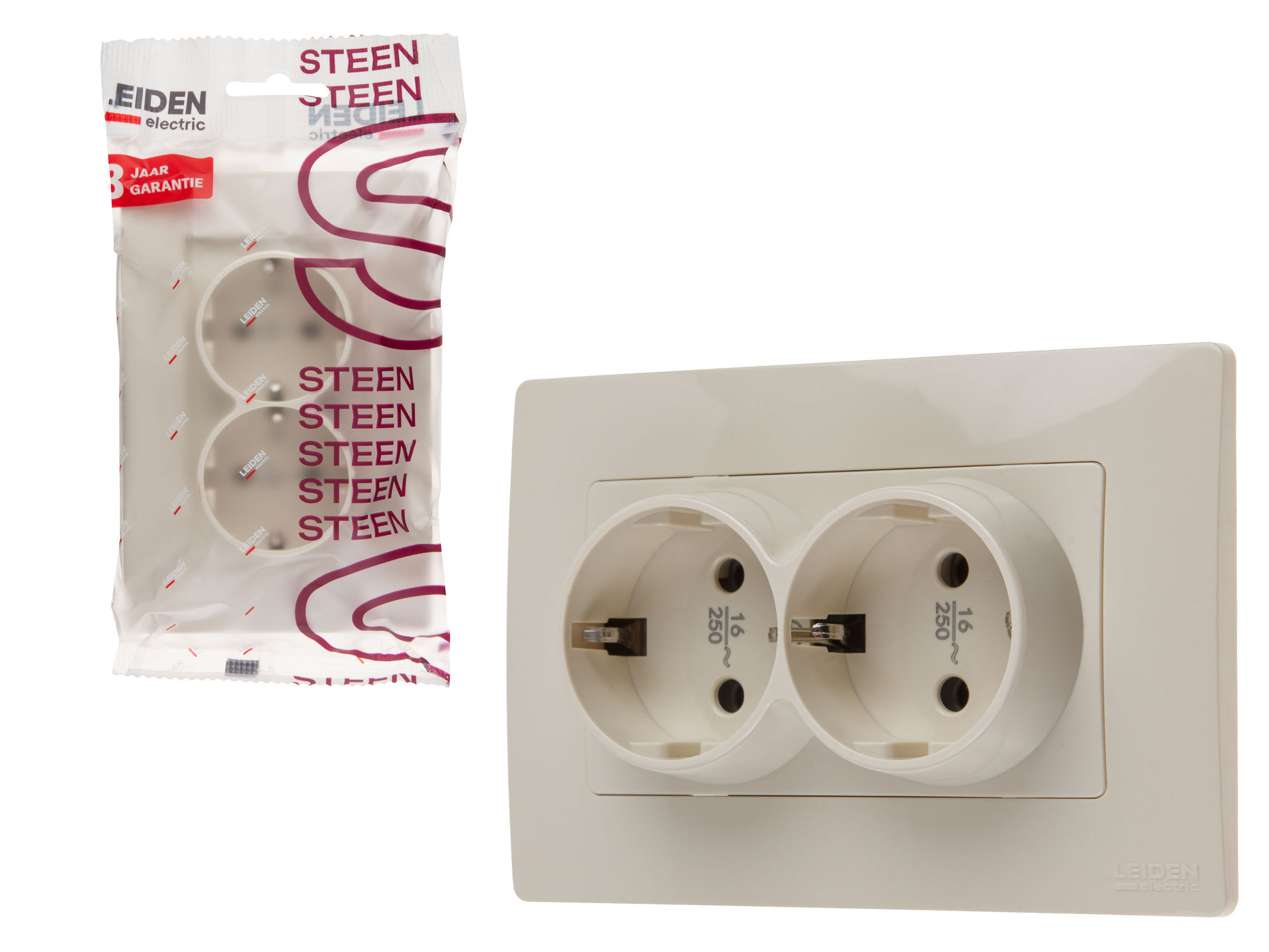 Розетка 2-ая (скрытая, с/з) бежевая, Steen, LEIDEN ELECTRIC