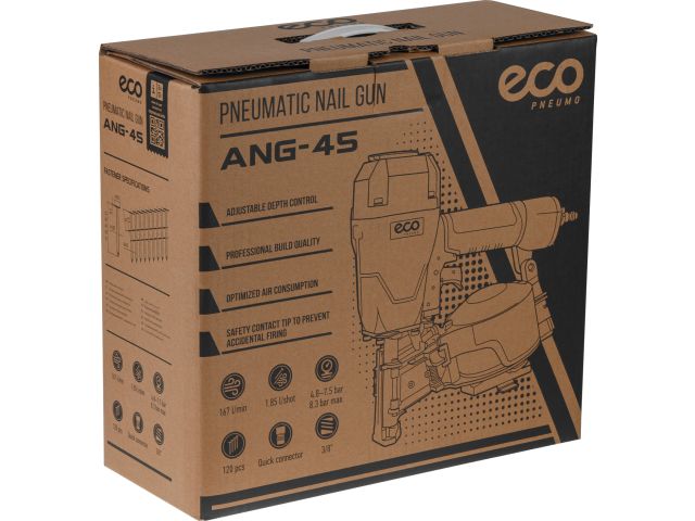 Гвоздезабивной пневмопистолет ECO ANG-45 (Гвозди (барабанные) 22-45 мм; 4.8-7.5 бар; 1.8 л/удар; магазин 120 шт.)