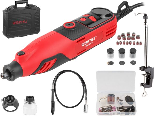 Гравер электрический WORTEX MG 3217 E в чем.+аксессуары 130 Вт, 10000-35000 об/мин, цанга 3,2 + БЗП (в чем.+ 175 аксесс., гибкий вал, штатив