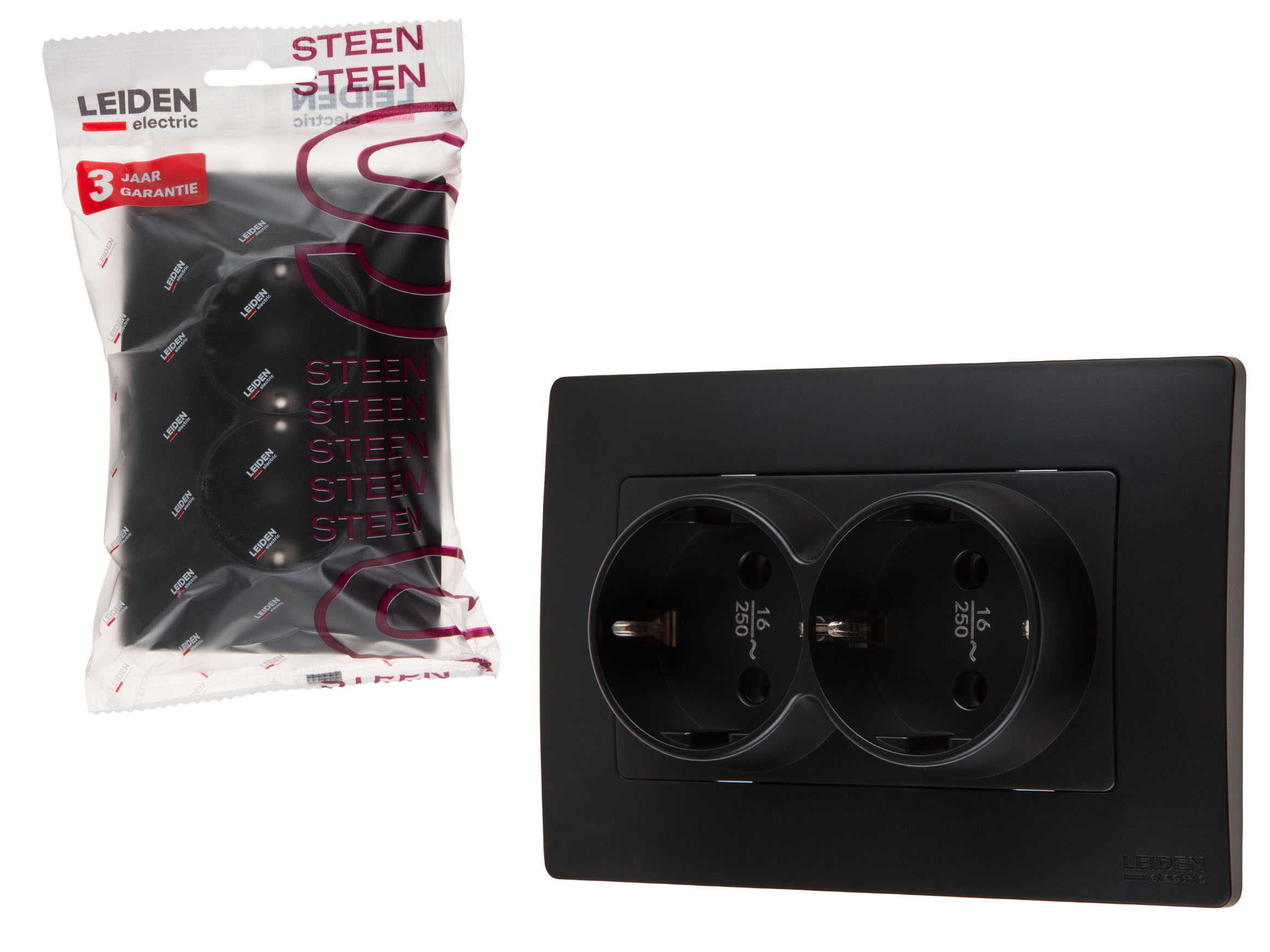 Розетка 2-ая (скрытая, с/з) черная, Steen, LEIDEN ELECTRIC