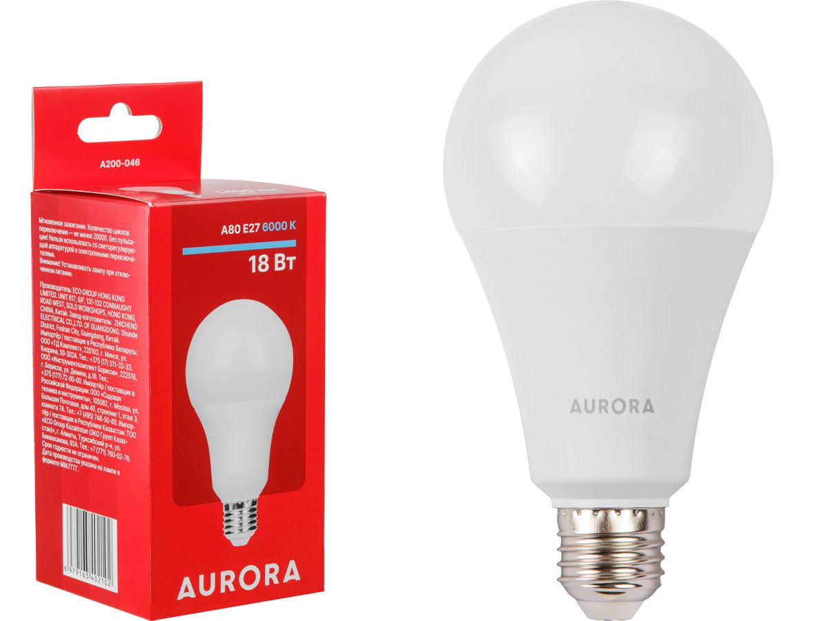 Лампа светодиодная A80 СТАНДАРТ 18Вт 230В E27 6000K AURORA