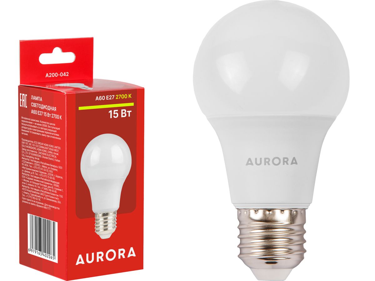 Лампа светодиодная A60 СТАНДАРТ 15Вт 230В E27 2700K AURORA