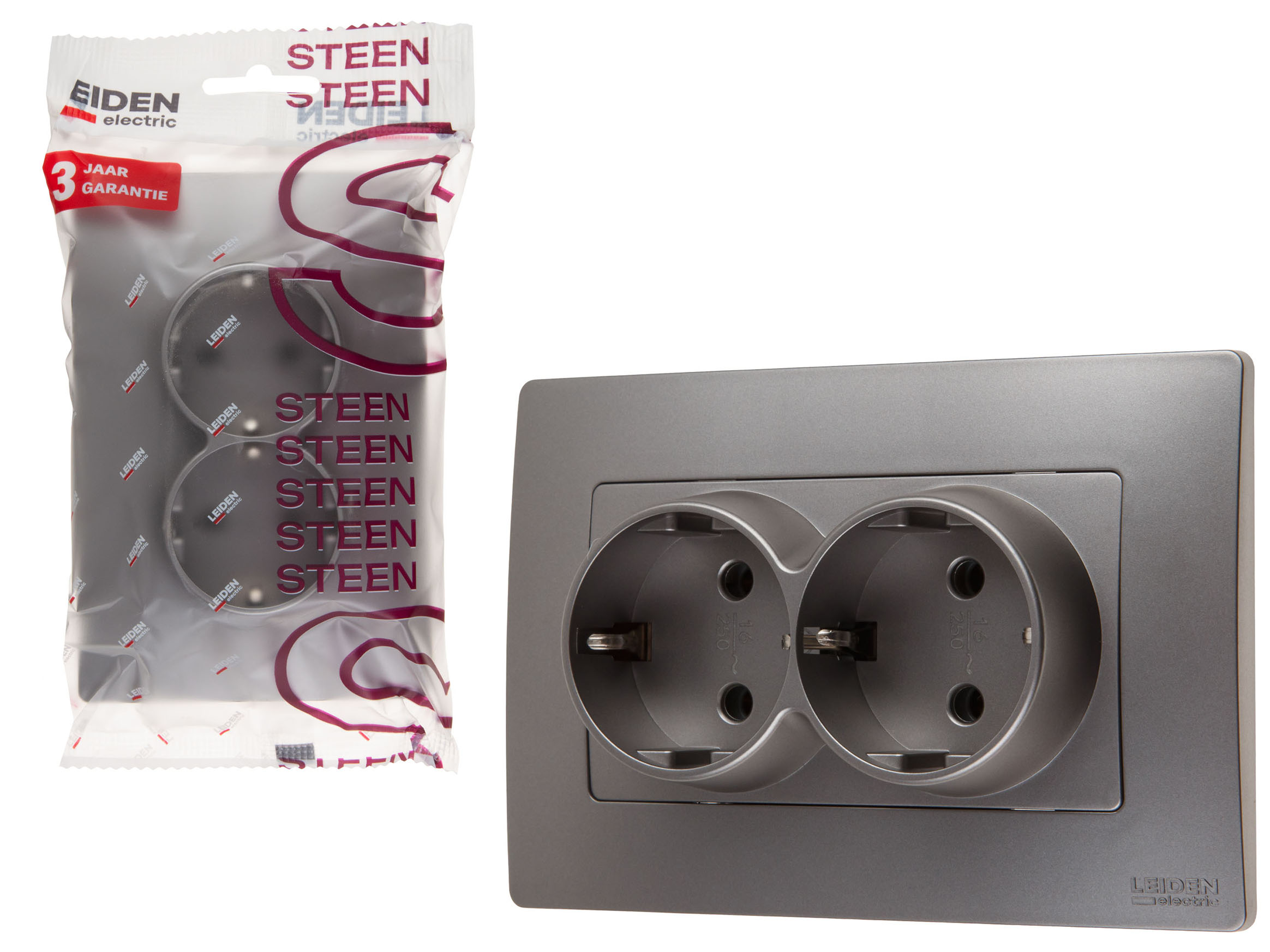 Розетка 2-ая (скрытая, с/з) алюминий, Steen, LEIDEN ELECTRIC