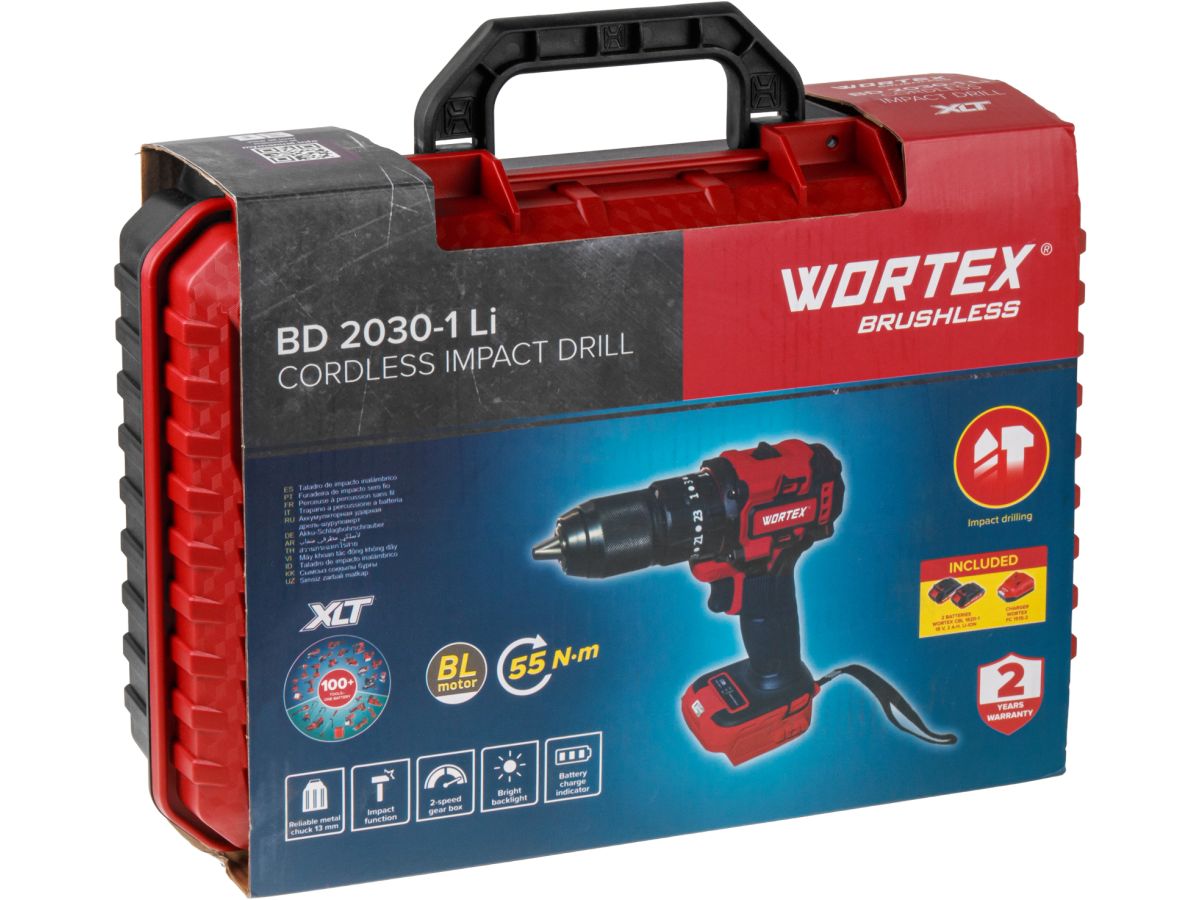 Аккум. ударная дрель-шуруповерт WORTEX BD 2030-1 Li в чем. XLT SET БЕСЩЕТ., 18 В, 55 Н*м, 2х2 А*ч
