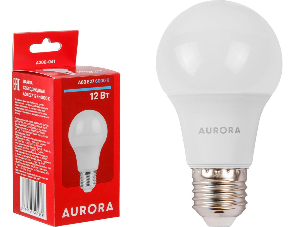 Лампа светодиодная A60 СТАНДАРТ 12Вт 230В E27 6000K AURORA