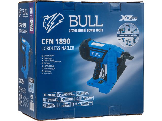 Аккум. гвоздезабивной пистолет BULL CFN 1890 в кор. XLTpro,SOLO, БЕСЩЕТ. 18В, 90мм, дерево, 90шт/мин