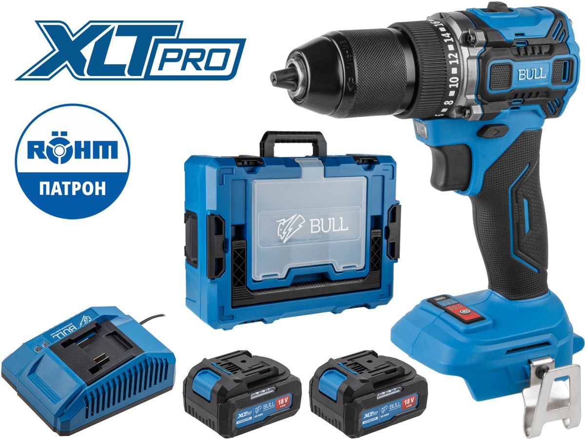 Аккум. дрель-шуруповерт BULL SR 1807 R-series Xcase XLTpro БЕСЩЕТ., 18 В, 60 Н*м, 2х4 А*ч, з/у 4 А