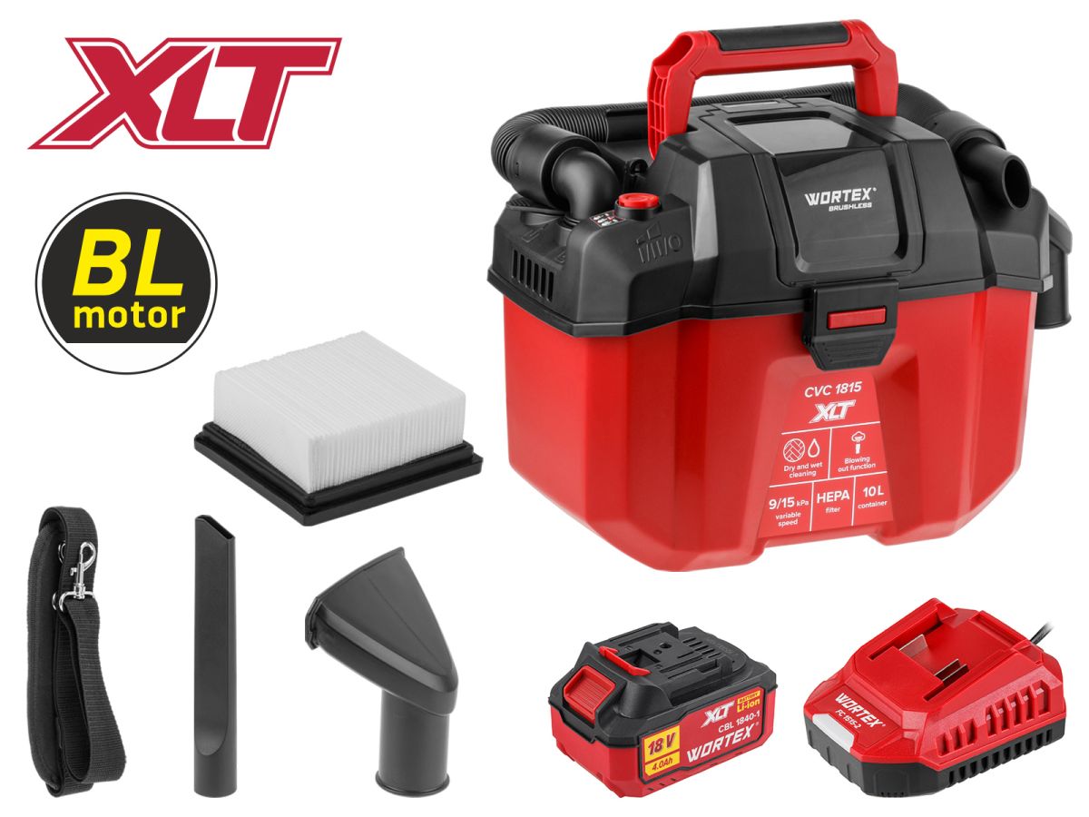 Аккум. пылесос WORTEX CVC 1815 в кор. XLT SET БЕСЩЁТ., 18 В, 9-15 кПа, 10 л, строительный