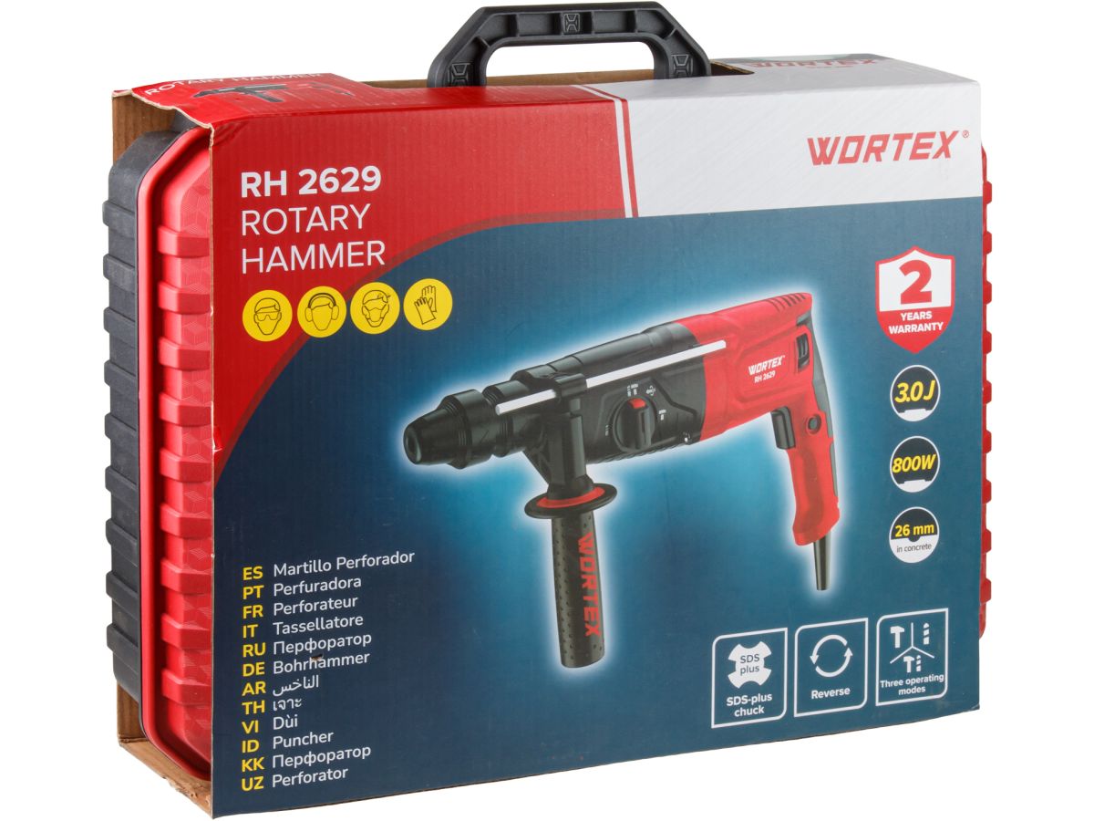 Перфоратор WORTEX RH 2629 в чем. + (2 зубила, 3 сверла) 800 Вт, 3.0 Дж, 26 мм, 4 режима, SDS-plus, Б