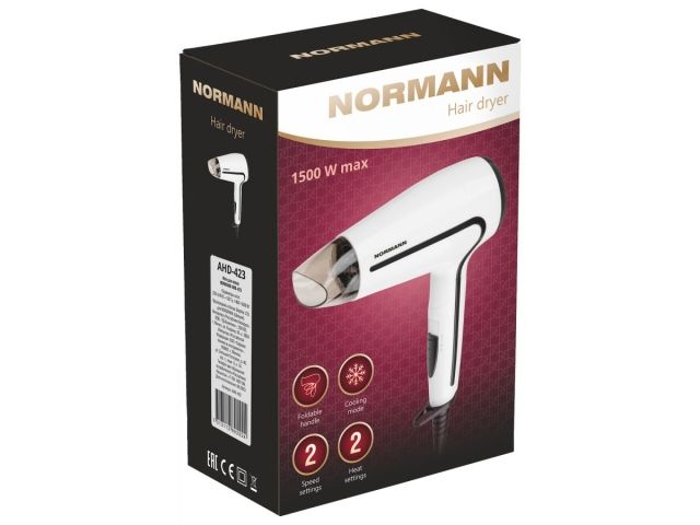 Фен NORMANN AHD-423 (ОТГРУЗКА ТОЛЬКО ПО ЭТН/ЭТТН | 1500 Вт; 2 режима; холод.обд.; складная ручка)