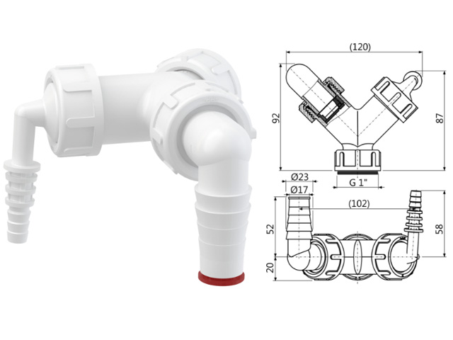 Колено с двумя штуцерами G1″/8-23 c обратными клапанами, Alcaplast