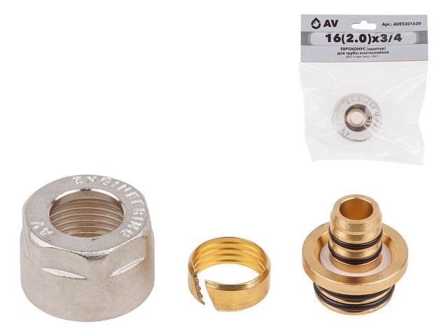 Евроконус (адаптер) 16(2.0) х 3/4" вн. для труб PEX, AV Engineering (инд. упак.) (HEAVY, для металлопластиковых и PEX труб)