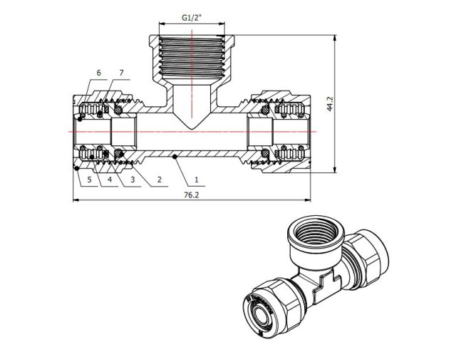 Тройник 16(2.0) х 1/2" вн. х 16(2.0) для труб PEX, AV Engineering (инд. упак.) (для металлопластиковых и PEX труб)