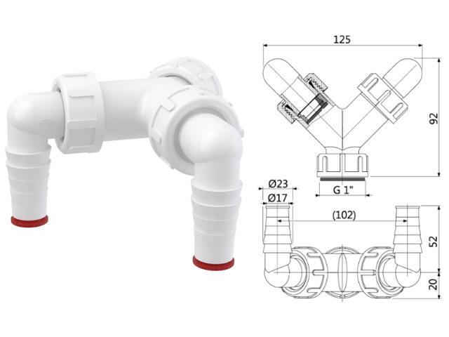 Колено с двумя штуцерами G1″/17-23 c обратными клапанами, Alcaplast