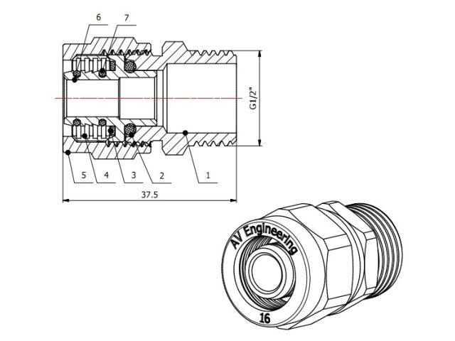 Ниппель 16(2.0) х 1/2" нар. для труб PEX, AV Engineering (инд. упак.) (для металлопластиковых и PEX труб)