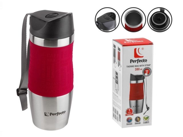 Термокружка с ремешком, 380 мл, нержавеющая сталь, red,  PERFECTO LINEA (в индивидуальной упаковке)