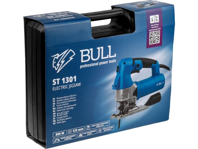 Лобзик электрический BULL ST 1301 в чем. 800 Вт, 800-2600 ход/мин, до 135 мм (Кабель 4 м, подсветка, литая алюминиевая платформа, работа с п