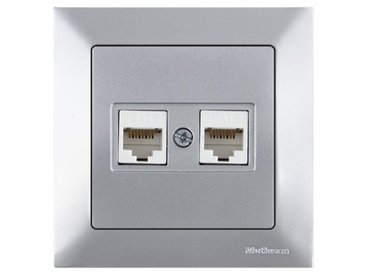 Розетка компьютерная 2xRJ45 (Cat6, скрытая) серебро, DARIA, MUTLUSAN