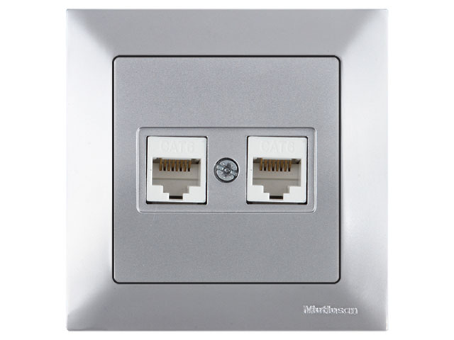 Розетка компьютерная 2xRJ45 (Cat6, скрытая) серебро, DARIA, MUTLUSAN