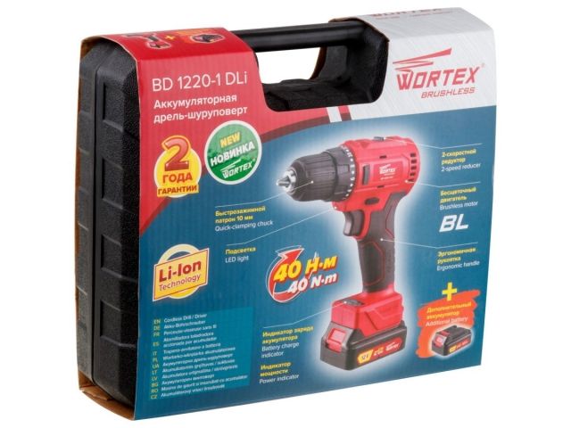 Аккум. дрель-шуруповерт WORTEX BD 1220-1 DLi в чем. БЕСЩЕТ, 12 В, 40 Н*м, 2х1.5 Ач, БЗП 10 мм (шур. до 6 мм, НЕ подходит к линейке ALL1)