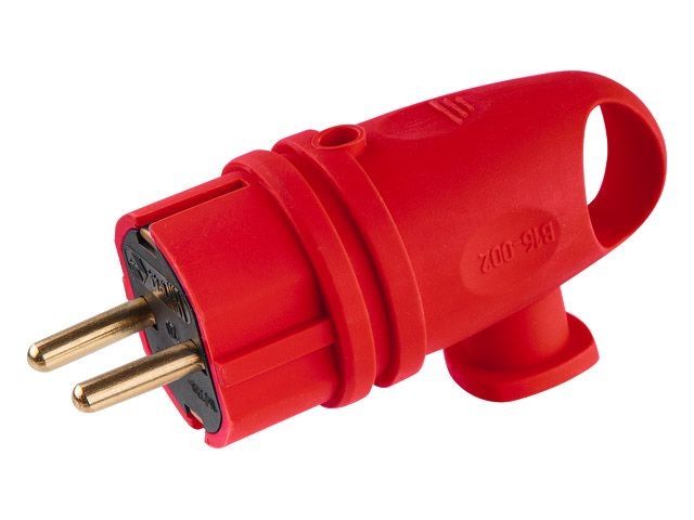Вилка угловая с ушком (с/з, 16А, 250В) каучук, красная Юпитер (В16-002)