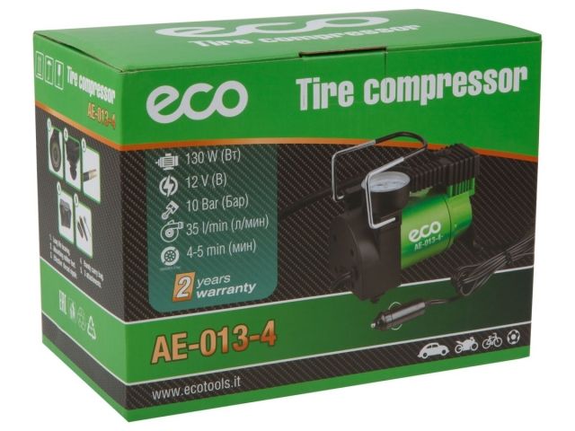 Компрессор автомобильный ECO AE-013-4 (12 В, 130 Вт, 35 л/мин, 10 бар (манометр 7 бар), сумка)