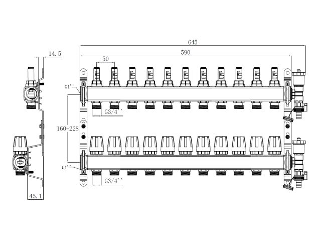 Коллекторная группа AVE136, 11 вых. AV Engineering (PRO серия Для теплого пола и водоснабжения)