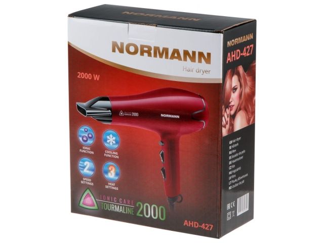 Фен NORMANN AHD-427 (ОТГРУЗКА ТОЛЬКО ПО ЭТН/ЭТТН | 2000 Вт; раздельные регулировки; холод.обд.; ионизация)