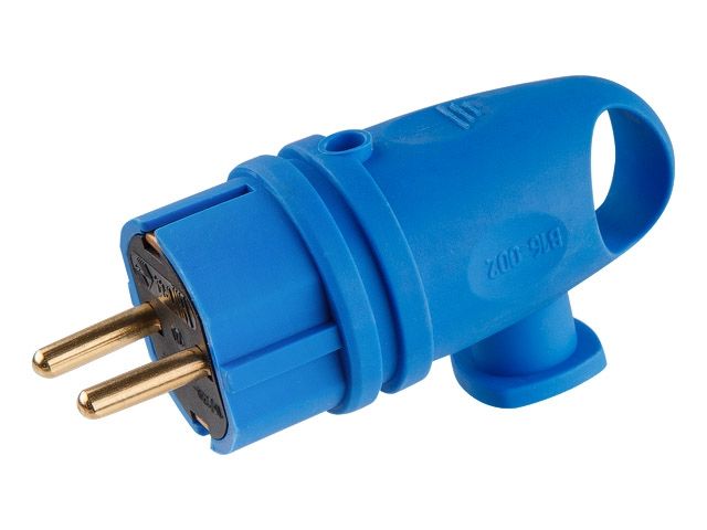 Вилка угловая с ушком (с/з, 16А, 250В) каучук, синяя Юпитер (В16-002)