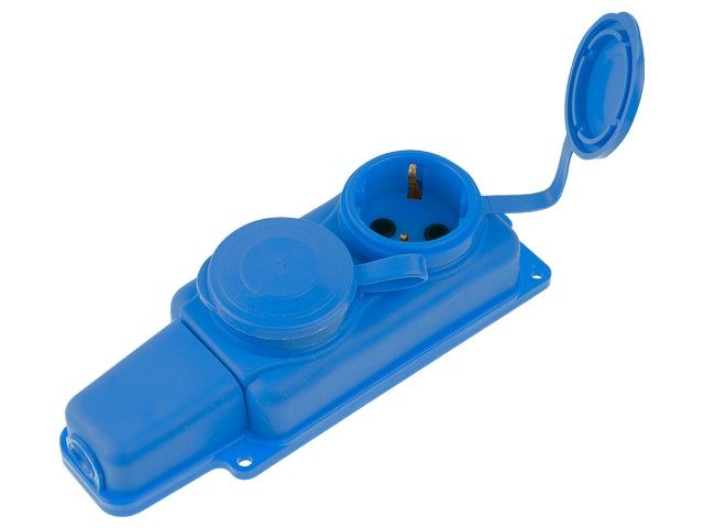 Розетка 2-ая переносная (с/з, 16А, 250В, брызг. защ.) каучук, синяя Юпитер (РП 16-232 С)