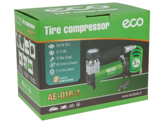 Компрессор автомобильный ECO AE-016-1 (12 В, 150 Вт, 40 л/мин, 10 бар (манометр 7 бар), съемный спир. шланг, сумка)