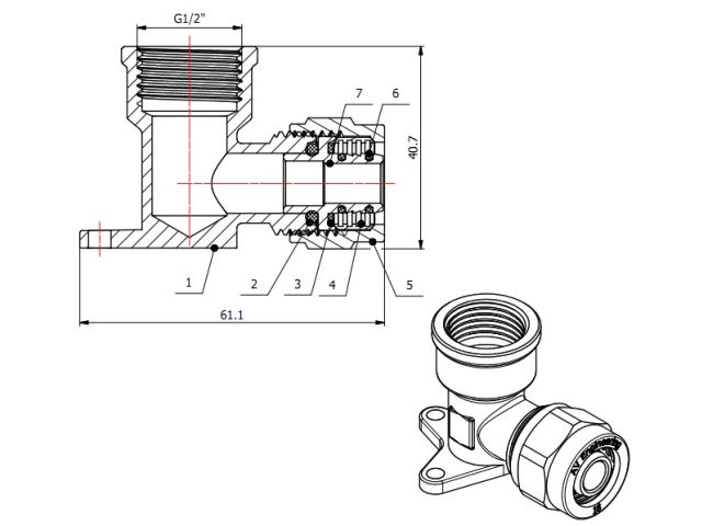 Колено 16(2.0) х 1/2" вн. для труб PEX с креплением, AV Engineering (инд. упак.) (для металлопластиковых и PEX труб)